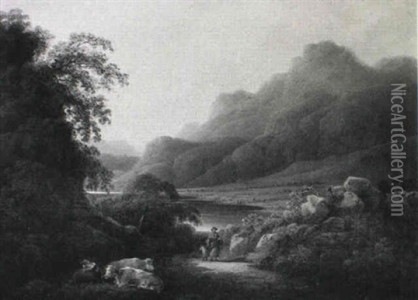 Romantisk Landskab, I Forgrunden Kvaeg Og Gaende Pa En Vej Oil Painting - Charles Henry Schwanfelder