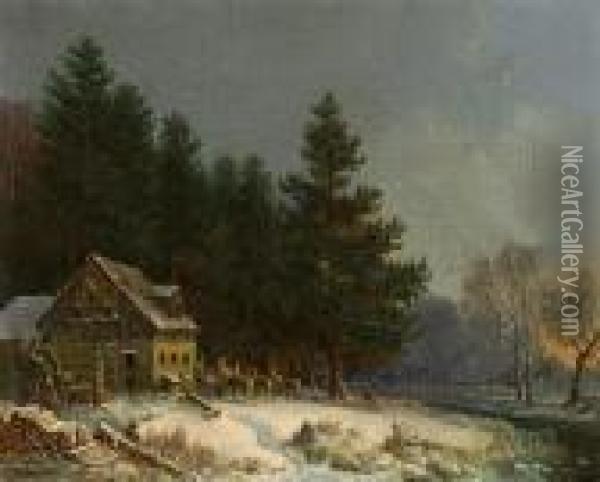 Forsthaus Im Verschneiten Wald Oil Painting - Heinrich Burkel