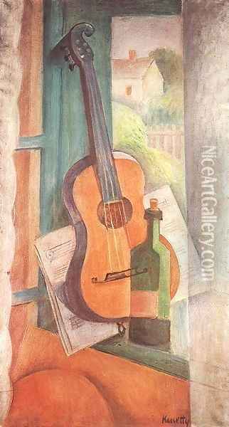 Still life with Guitar 1932 Oil Painting - Janos Kmetty
