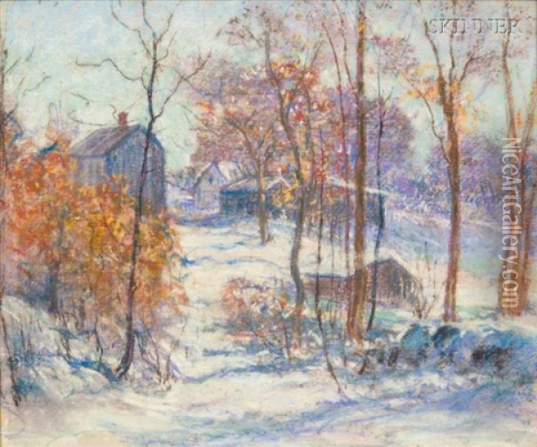 A Winter Woodland Landscape With Houses Oil Painting - Arthur Clifton Goodwin