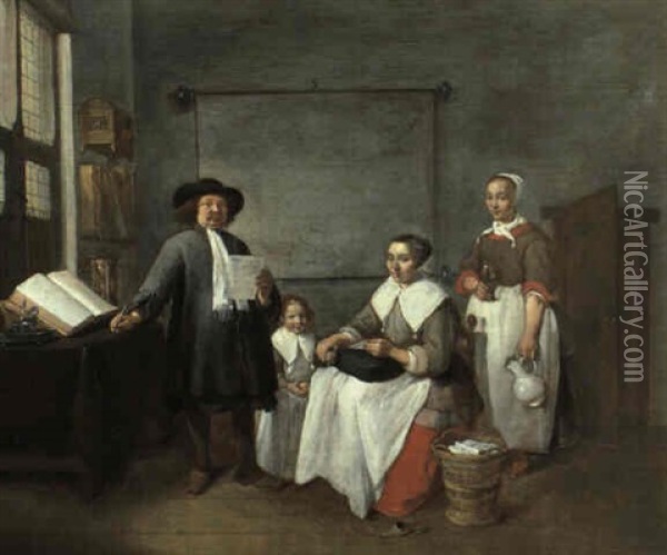 A Family Group In An Interior With A Gentleman Standing     Reading A Document, His Wife Seated And Daughter Standing Oil Painting - Quiringh Gerritsz van Brekelenkam