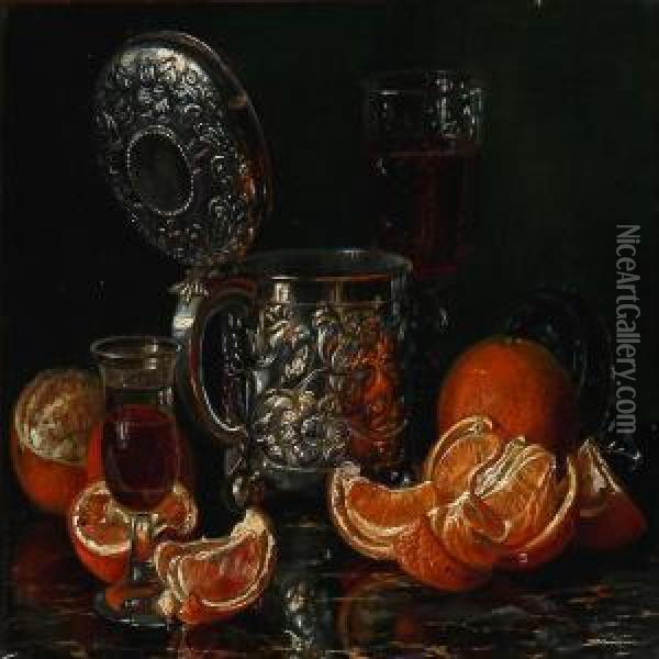 Still Life With Wine Glasses, Oranges And A Silver Cup Oil Painting - Sophus Petersen
