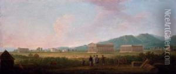 View Of The Temples At Paestum With Grand Tourists In The Foreground Oil Painting - Gabriele Ricciardelli