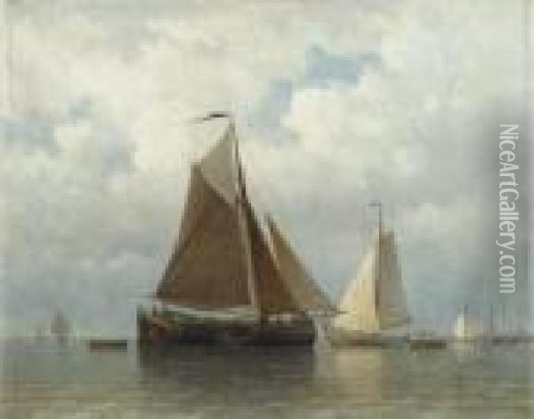 Sailing Barges On The Ij, Amsterdam Beyond Oil Painting - Everhardus Koster