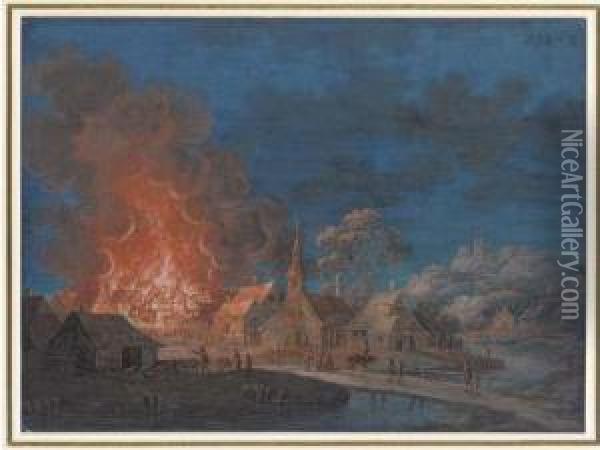 A Village On Fire By Moonlight; And A Village On Fire At Night By Ariver Oil Painting - Louis Nicolael van Blarenberghe