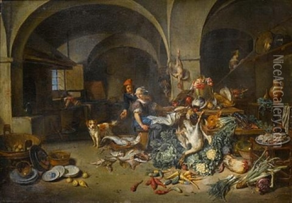 A Couple In A Kitchen Interior With Game, Fish, Vegetables, Pottery And A Dog In The Foreground, A Housemaid Working In The Background Oil Painting - Jan Van Buken
