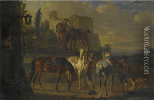 A Cavalry Party Halted Before An Inn Oil Painting - Pieter van Bloemen