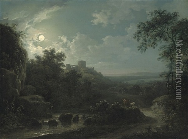 An Arcadian Moonlit Scene Oil Painting - Abraham Pether