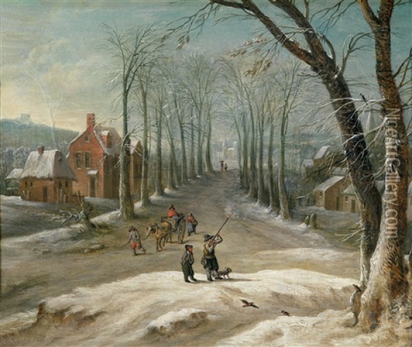 Winterlandschaft Mit Mannern Bei Der Vogeljagd Und Marktkaufern Oil Painting - Frans de Momper