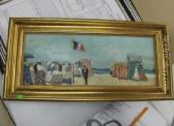Figures On A Busy Beach Oil Painting - Eugene Boudin
