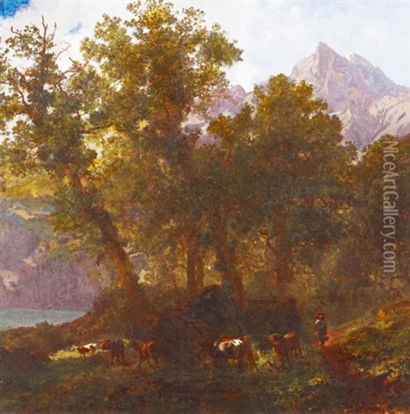 Troupeau Au Bord Du Rhone Et Les Dents Du Midi Oil Painting - Gustav Heinrich Ott