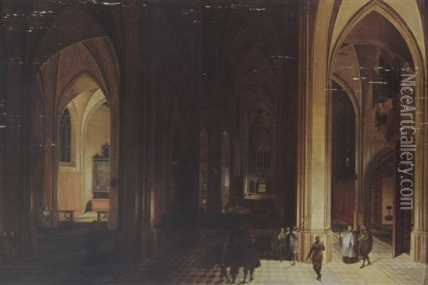 A Church Interior By Night With A Priest And Other Figures By Torchlight Oil Painting - Peeter Neeffs the Elder
