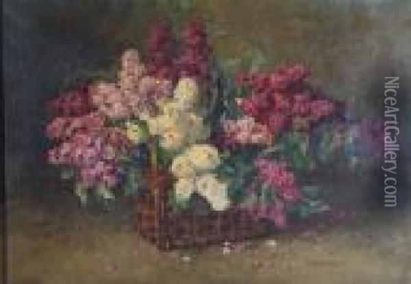 A Wicker Basket Of Mauve And White Lilac Oil Painting - Clara Von Sivers