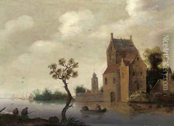 A fortified mansion on a river with fishermen nearby Oil Painting - Jan van Goyen