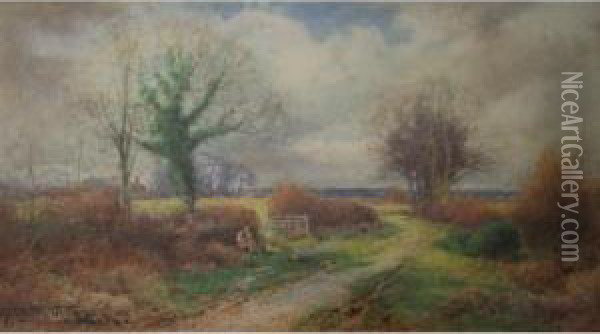 Man With A Dog On A Lane, Autumn Oil Painting - Henry John Sylvester Stannard