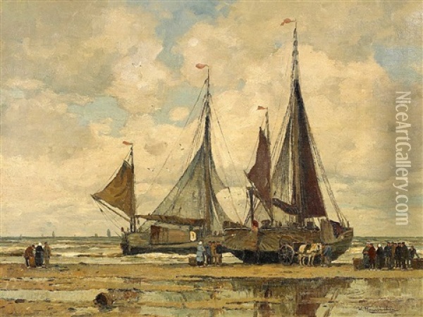 Anlandende Kustensegler Am Strand Oil Painting - Wilhelm Hambuechen