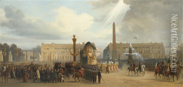 Le Retour Des Cendres De Napoleon Ier, Passage Du Cortege Place De La Concorde (collab. W/studio) Oil Painting - Jacques Guiaud