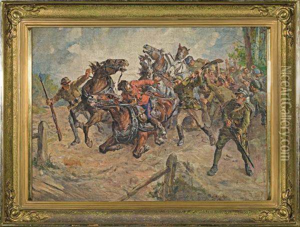 Skirmish (scene From The War Of 1920) Oil Painting - Stanislaw Batowski-Kaczor