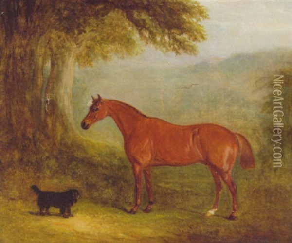 A Chestnut Horse With A Spaniel Before A Tree Oil Painting - John Ferneley Jr.