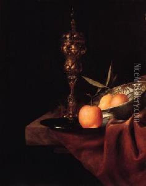 A Silver Gilt Cup-and-cover, A Lemon And An Orange In A Wan-lidish, An Orange On A Pewter Plate And An Upturned Roemer On Adraped Marble Ledge Oil Painting - Christiaan Jansz. Striep
