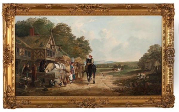 English Roadside Scene Oil Painting - Henry Charles Woollett