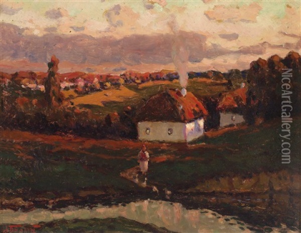 Ukrainian Landscape In The Evening Light Oil Painting - Alexander Fedorovich Bely