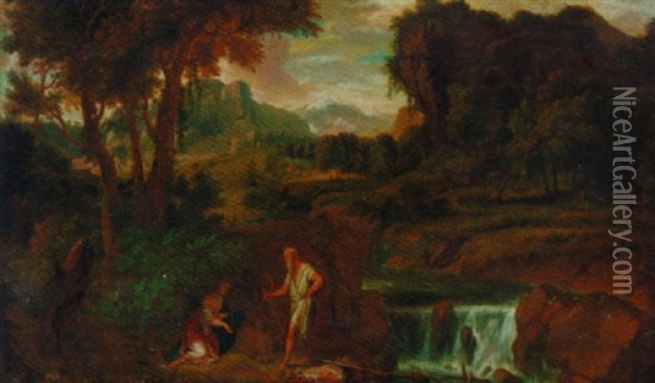 A Landscape With A Woman And Hermit Saint By A Rocky River Oil Painting - Gaspard Dughet