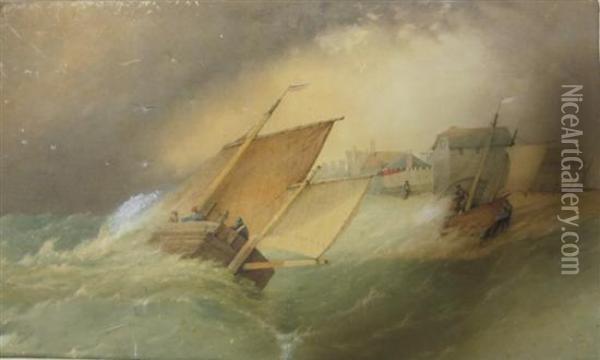 Sailing Boats In Stormy Seas Oil Painting - Samuel Owen