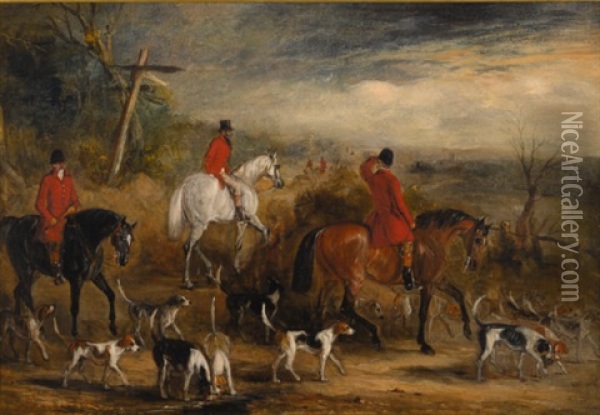 Huntsmen And Hounds At A Crossroads Oil Painting - John Ferneley Jr.