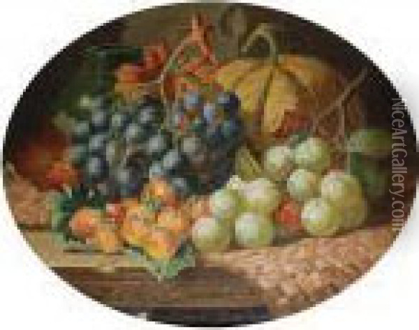 Still Life With Fruit And An Earthenware Vase, On A Ledge Oil Painting - Charles Thomas Bale