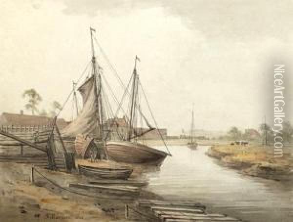 At Faversham Harbour Oil Painting - John Marten Of Canterbury