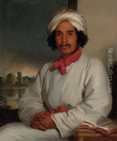 Portrait Of A Youth Wearing A White Turban And An Red Scarf, With A Temple Beyond Oil Painting - William Daniell