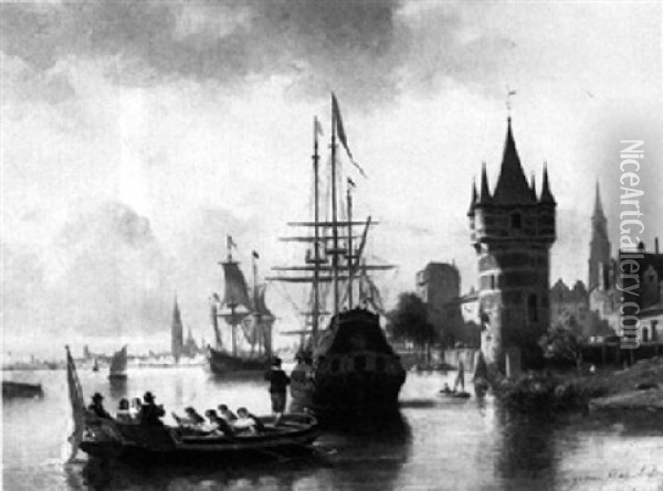 Boats In The Harbour Of Antwerp Oil Painting - Jean (Jan) Michael Ruyten