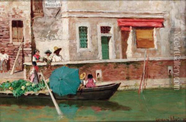 A Market Boat In Venice Oil Painting - Giovanni Marin