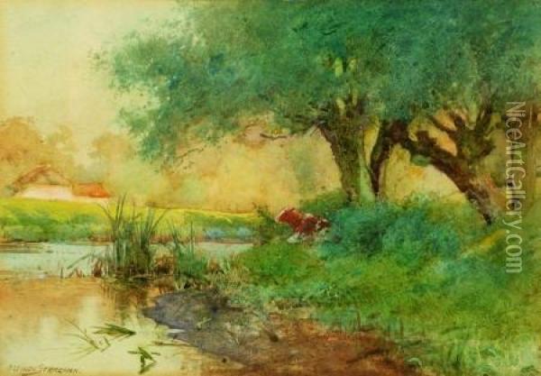Cow By A Quiet Stream Oil Painting - Arthur Claude Strachan
