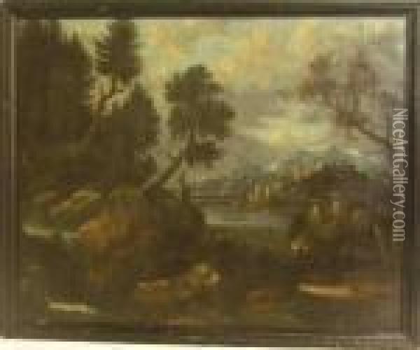 Flusslandschaft Mit Burganlage Und Personenstaffage Oil Painting - Johann Georg Von Bemmel
