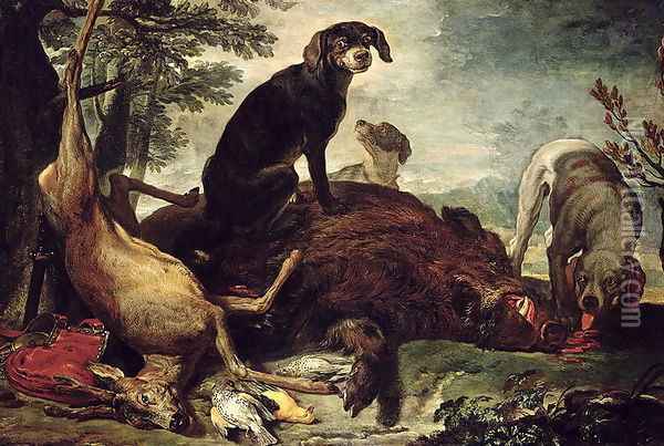 Dogs with Slain Wild Boar and Deer Oil Painting - David de Coninck