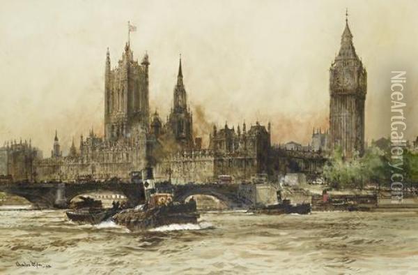 The Houses Of Parliament From The Thames Oil Painting - Charles Edward Dixon