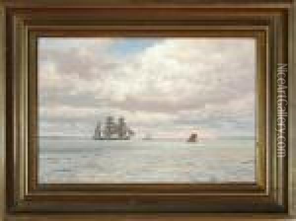 A Marine With A Barque And Other Sailing Ships By Sunset Oil Painting - Vilhelm Karl Ferd. Arnesen