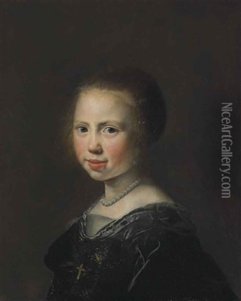 Portrait Of A Girl, Bust-length, In A Black Dress And Pearl Necklace Oil Painting - Jan De Bray