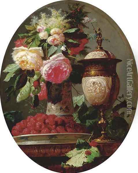 Still Life of Flowers with Raspberries and an Urn on a Table in a painted Oval Oil Painting - Jean-Baptiste Robie