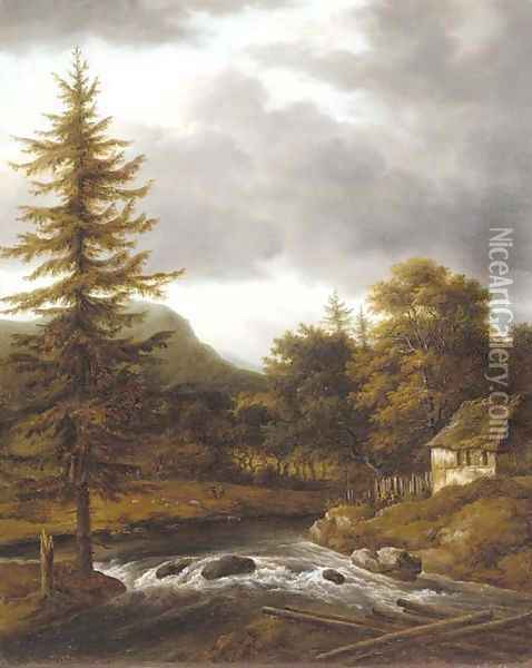A wooded landscape with a riverside cottage Oil Painting - Jacob Van Ruisdael