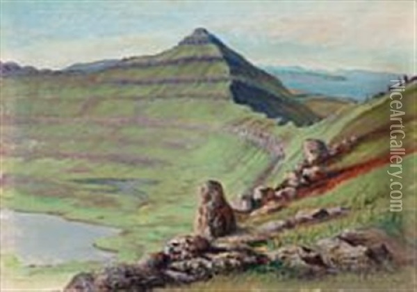 A Rocky Landscape From The Faroe Islands Oil Painting - Joen Waagstein