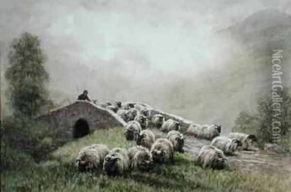 Highland Bridge with Shepherd and Flock Oil Painting - John Robert Keitley Duff