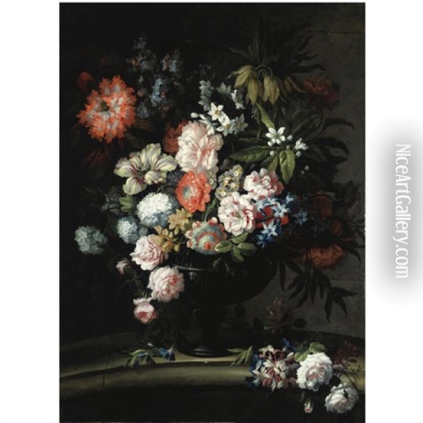 Natura Morta Con Rose Centifolia, Peonie, Anemoni, Lilla E Papavero In Un Vaso Oil Painting - Antoine Monnoyer