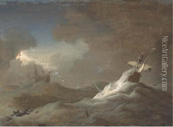 Shipping In Stormy Seas Oil Painting - Willem van de, the Elder Velde