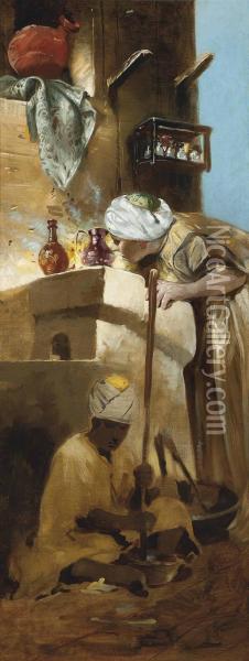 Grinding Ingredients In The Souk Oil Painting - Alphons Leopold Mielich