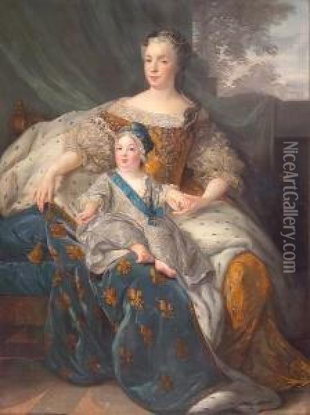 A Portrait Of Marie Leszczynska,
 Queen Of France, Full-length, Seated, Holding Her Son, The Dauphin Oil Painting - Alexis Simon Belle