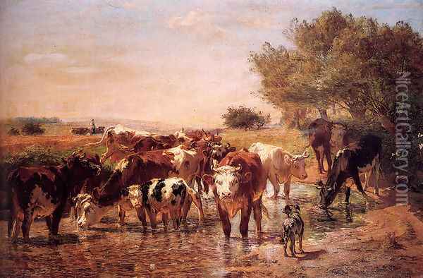 The Watering Hole Oil Painting - Giuseppe Palizzi