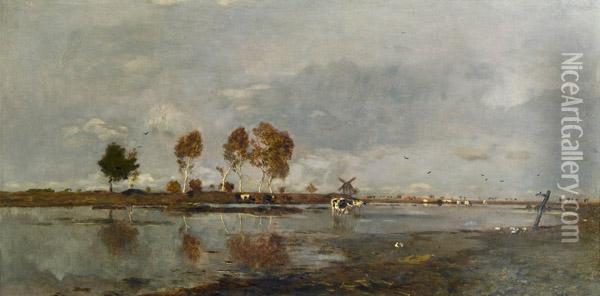 Flusslandschaft Mit Weidevieh Oil Painting - Eugene Jettel